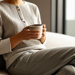 A serene woman, fully clothed in modest, elegant business casual attire, gently holding a beautifully designed, sleek coffee mug. Her expression conveys deep contentment and a sense of calm, suggesting an emotional connection to the product's quality and brand story. She is seated in a minimalist, warm-toned living room, illuminated by soft, natural light, with a high-quality, tastefully branded coffee bag subtly placed on a modern side table. Perfect anatomy, correct proportions, natural pose, well-formed hands, proper finger count, natural body proportions, professional photography, high resolution, soft focus, warm color palette, safe for work, appropriate content, fully clothed, modest, family-friendly.