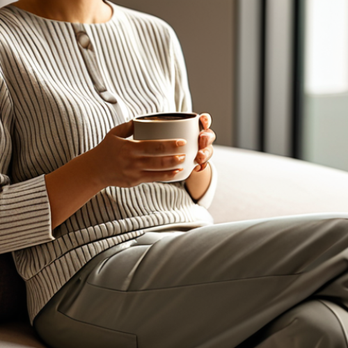 Home 7 A serene woman, fully clothed in modest, elegant business casual attire, gently holding a beautifully designed, sleek coffee mug. Her expression conveys deep contentment and a sense of calm, suggesting an emotional connection to the product's quality and brand story. She is seated in a minimalist, warm-toned living room, illuminated by soft, natural light, with a high-quality, tastefully branded coffee bag subtly placed on a modern side table. Perfect anatomy, correct proportions, natural pose, well-formed hands, proper finger count, natural body proportions, professional photography, high resolution, soft focus, warm color palette, safe for work, appropriate content, fully clothed, modest, family-friendly.