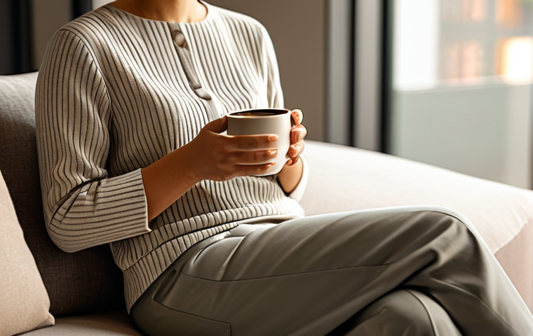 A serene woman, fully clothed in modest, elegant business casual attire, gently holding a beautifully designed, sleek coffee mug. Her expression conveys deep contentment and a sense of calm, suggesting an emotional connection to the product's quality and brand story. She is seated in a minimalist, warm-toned living room, illuminated by soft, natural light, with a high-quality, tastefully branded coffee bag subtly placed on a modern side table. Perfect anatomy, correct proportions, natural pose, well-formed hands, proper finger count, natural body proportions, professional photography, high resolution, soft focus, warm color palette, safe for work, appropriate content, fully clothed, modest, family-friendly.