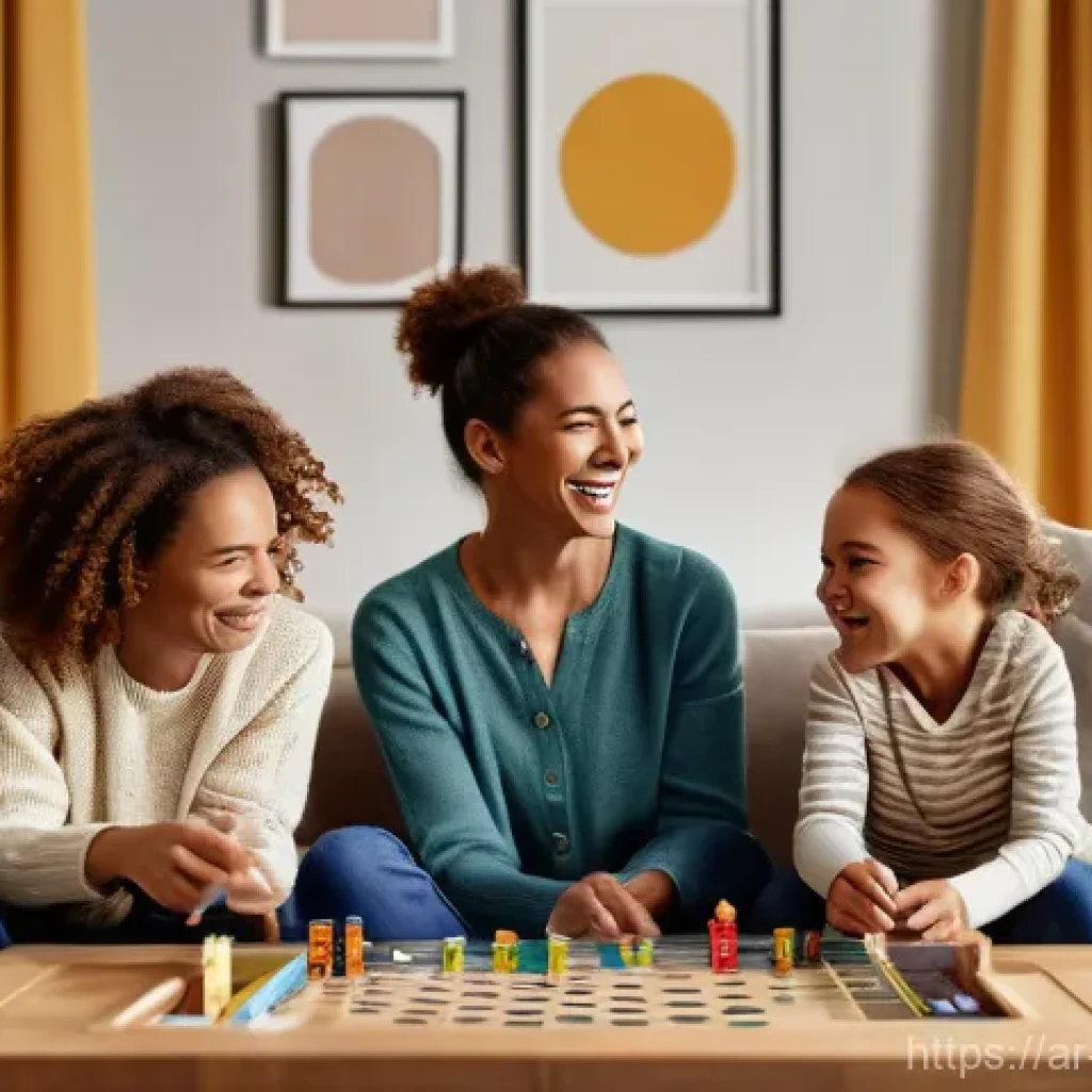 소비자 심리의 변화에 대한 적응 전략 - A heartwarming scene of a family enjoying a board game night in a brightly lit, modern living room. ...
