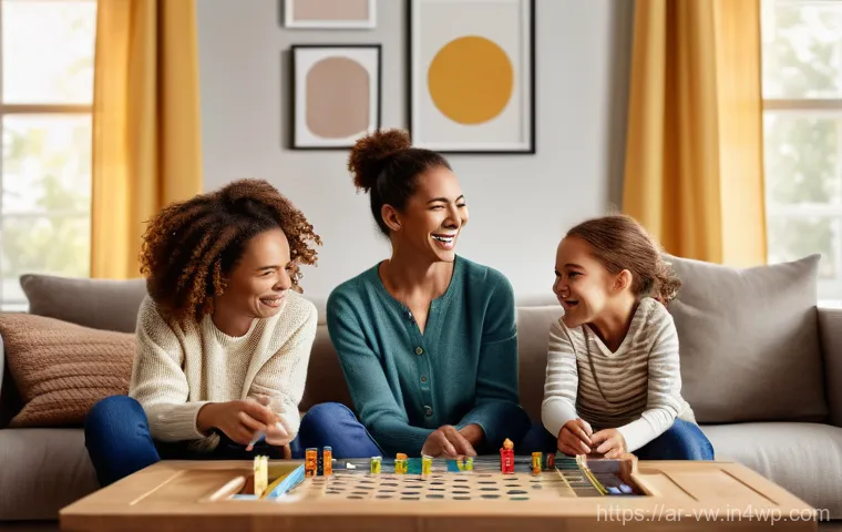 소비자 심리의 변화에 대한 적응 전략 - A heartwarming scene of a family enjoying a board game night in a brightly lit, modern living room. ...