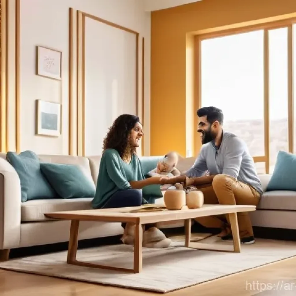 소비자 심리와 신규 고객 유치 방안 - A warm and inviting scene inside a modern Arab living room. A young family, consisting of a father, ...