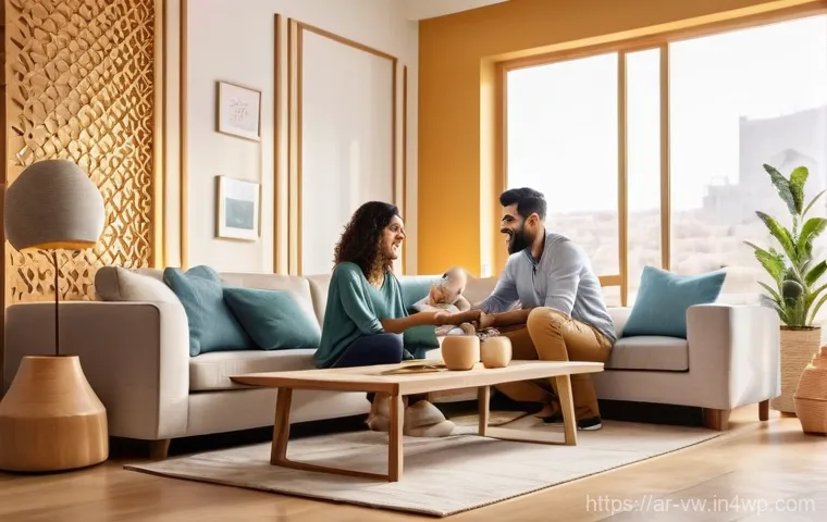 소비자 심리와 신규 고객 유치 방안 - A warm and inviting scene inside a modern Arab living room. A young family, consisting of a father, ...