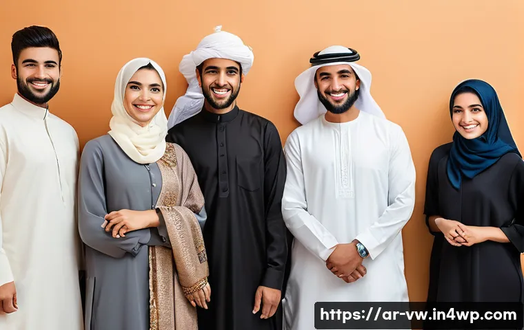 소비자 심리의 변화에 따른 마케팅 기법 - **Prompt:** A diverse group of cheerful and modestly dressed Arab individuals, including men, women,...