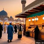 소비자 심리 연구에서의 사례 분석 - A warm, inviting Middle Eastern marketplace scene during a cultural festival, featuring diverse Arab...