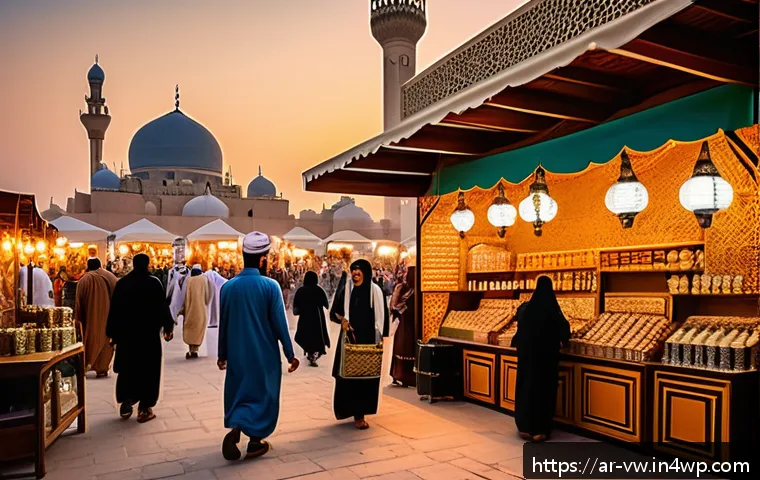 소비자 심리 연구에서의 사례 분석 - A warm, inviting Middle Eastern marketplace scene during a cultural festival, featuring diverse Arab...