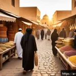 소비자 심리와 고객 지향적 서비스의 중요성 - A warm, inviting Middle Eastern marketplace scene at sunset, featuring a diverse group of Arabic-spe...