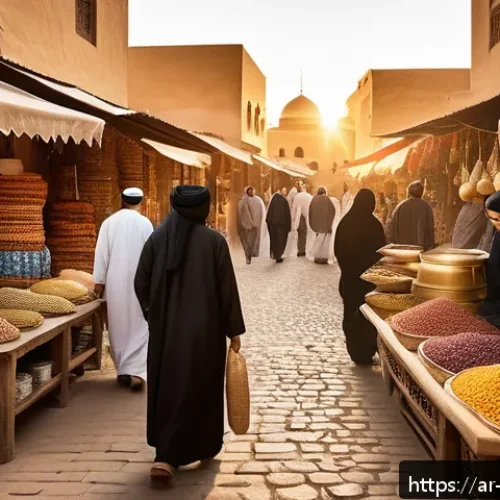 소비자 심리와 고객 지향적 서비스의 중요성 - A warm, inviting Middle Eastern marketplace scene at sunset, featuring a diverse group of Arabic-spe...