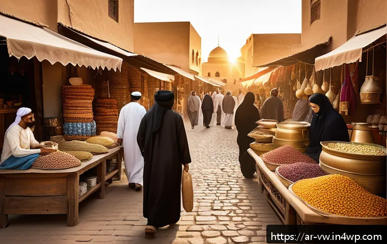 소비자 심리와 고객 지향적 서비스의 중요성 - A warm, inviting Middle Eastern marketplace scene at sunset, featuring a diverse group of Arabic-spe...