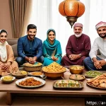 소비자 심리 이해를 위한 심리학적 모델 - A vibrant Middle Eastern family gathering in a warmly lit living room during Ramadan, featuring men,...