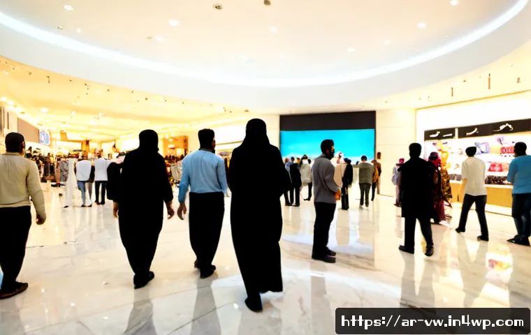 Home 30 소비자 심리와 집단 행동의 연관성 - Photorealistic wide-angle scene inside a modern Gulf shopping mall during an evening sale, a diverse...